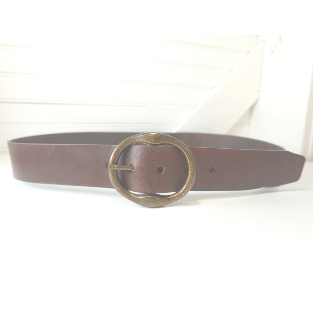Women's Brown Leather Belt Size Large Brass Circle Buckle Y2K Retro Boho